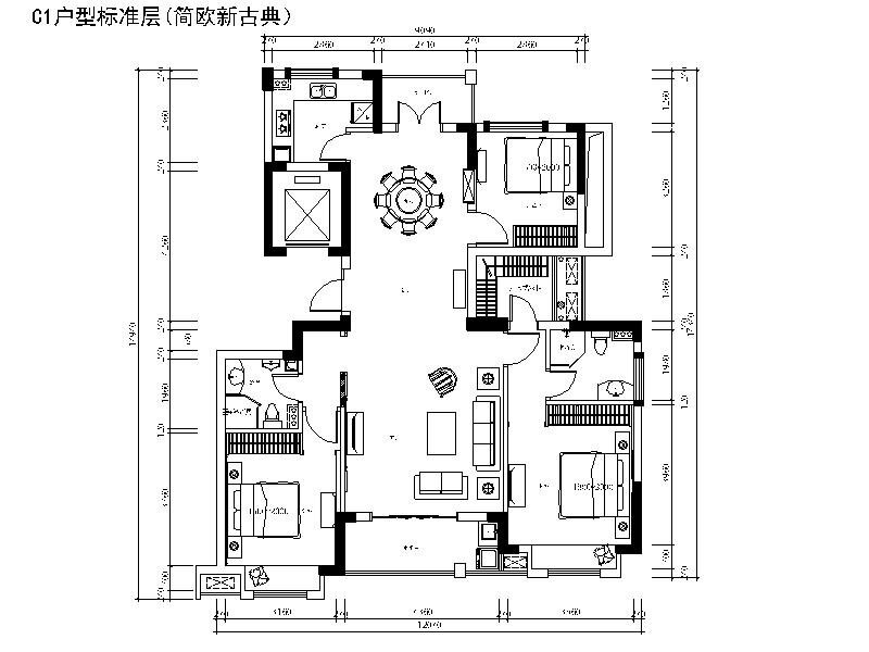 [上海]简欧新古典三居室设计施工图（含效果图） 平层