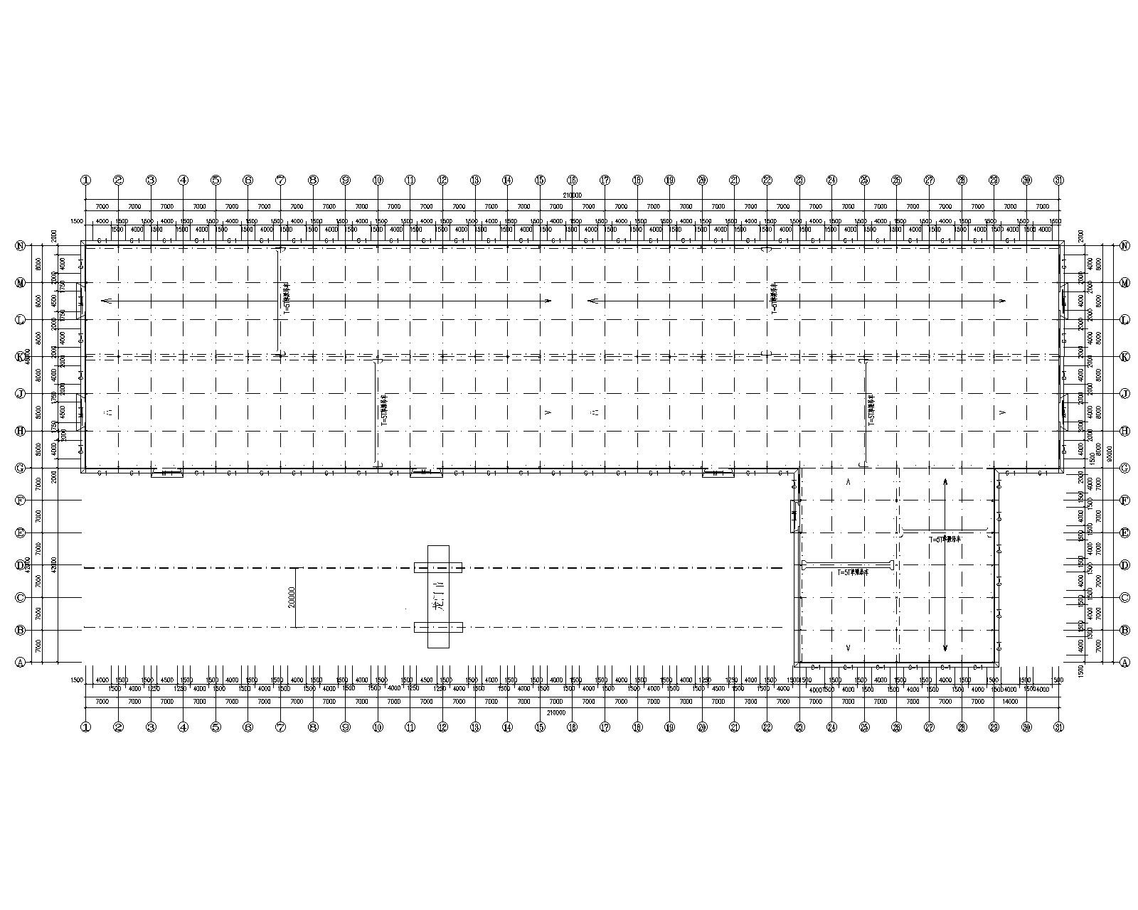 钢结构厂房L型布置带吊车钢结构施工图CAD