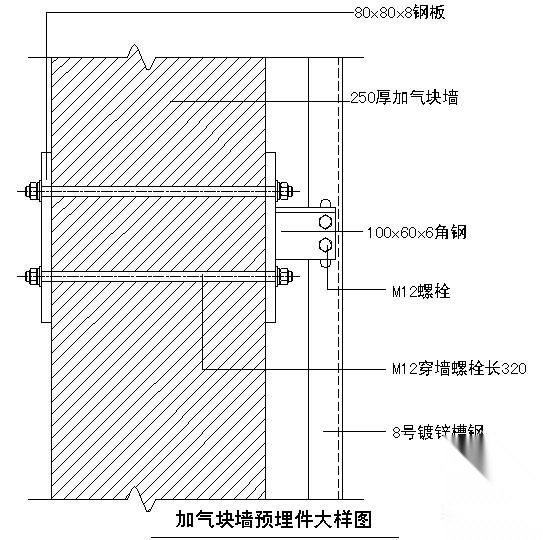 某吊挂式玻璃幕墙节点构造详图（十三）（加气块墙埋件大... 节点