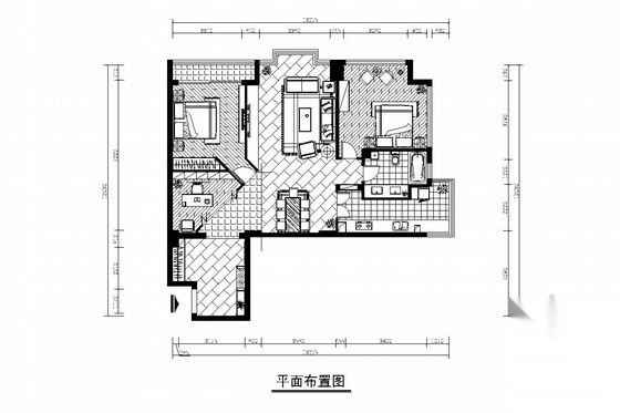 现代两居室室内装修施工图（含效果图） 平层