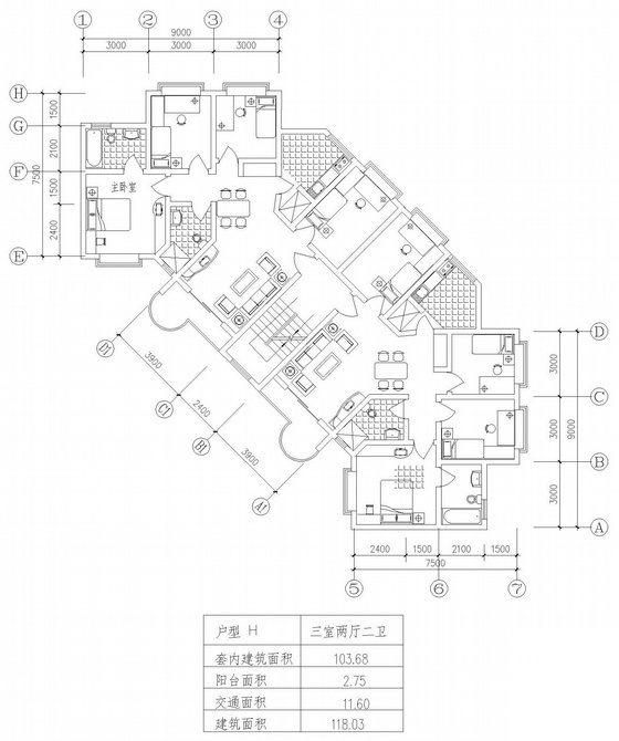 板式高层一梯两户三室二厅二卫户型图