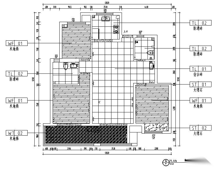 混搭风格天然材料三居室住宅设计施工图（附效果图） 平层