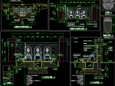 花钵吐水 石狮子吐水水景景墙 施工图