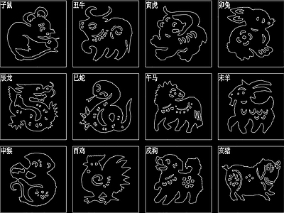 中式十二生肖剪纸图 平面图块