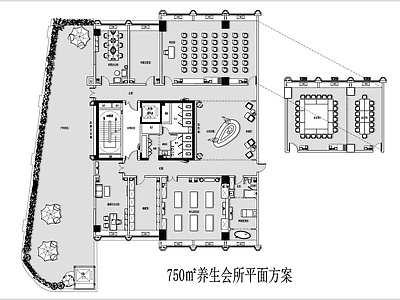 750㎡现代新中式风格养生会所CAD平面方案