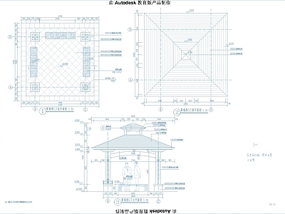 现代简约防腐木双层四角方亭施工图