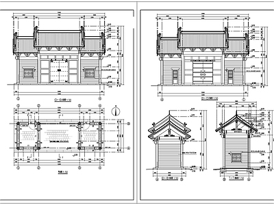 中式山门悬山高低山组合古建筑 施工图