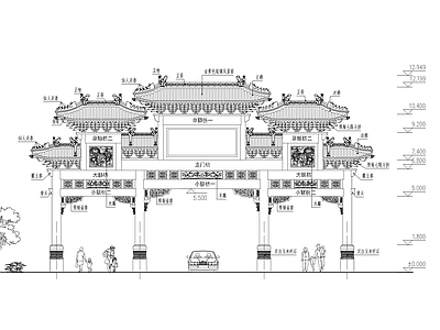 河北四柱七楼牌楼建筑 施工图