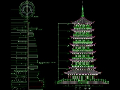 中式七层古塔建筑 施工图