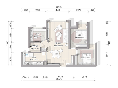 平层家装室内平面图  两室一厅 彩平图