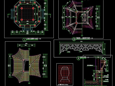 八角四方重檐亭 施工图