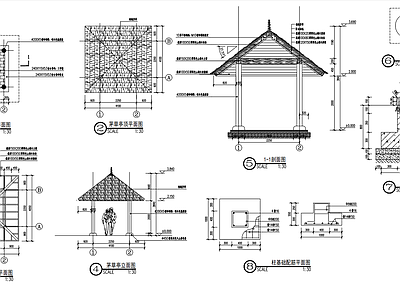 仿木景观亭茅草亭四角亭详图 施工图