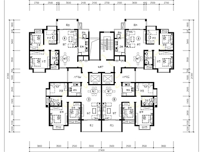 现代住宅户型一梯四户平面 施工图 平层