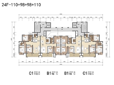 高层住宅户型平面 t8 施工图  三室一厅 平层 彩平图