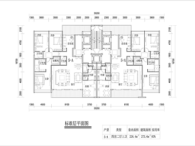 一梯两户高层住宅平面图 施工图  四室两厅 平层