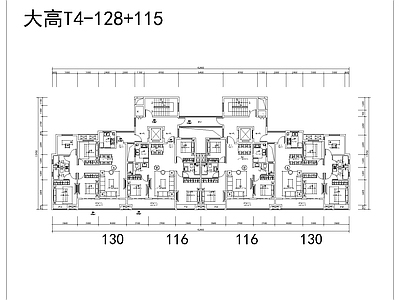 116 130一梯四户一类高层建筑平面 施工图