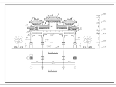 四柱七楼牌楼门楼公园入口景入口牌楼门楼 施工图