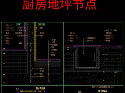 厨房地面排水沟节点 墙面地面防水节点 施工图