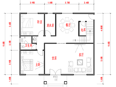 现代风格砖混结构自建房 施工图  两室一厅 平层