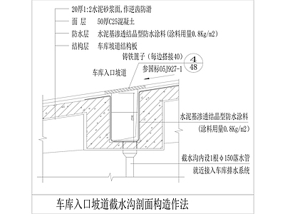 车库入口坡道截水沟剖面构造作法 施工图