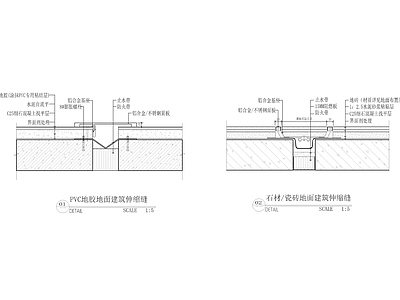 石材瓷砖地面建筑伸缩缝和地胶饰面伸缩缝做法 施工图