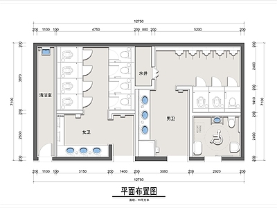 90平米商场公共卫生间平面布置图 施工图