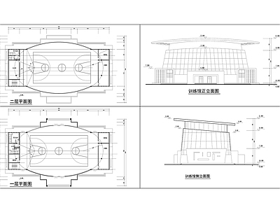 篮球训练馆建筑方案2层平面 正侧立面 施工图