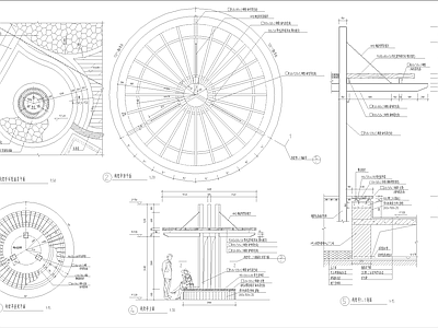 三柱圆形平顶座凳花架亭子 施工图