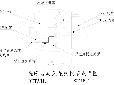 现代墙面节点 隔断墙 天 吊装玻璃 亚克力板 施工图