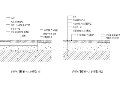 现代新中式地面节点 地板与地砖接口 施工图