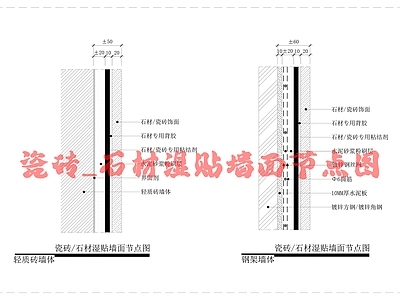 现代墙面节点 瓷砖湿贴墙节点图 钢架墙体湿节节点 施工图