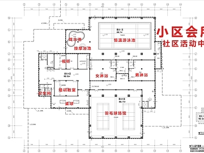 现代会所 小区会所建筑 社区活动中心平面 游泳池馆羽毛球馆 健身场地平面图 施工图