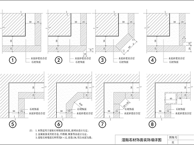 现代墙面节点 湿贴石材饰面装饰 石材装饰墙详图 施工图