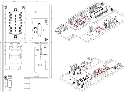 现代其他商业空间 办公家具 平面布局图 立体布局图 效果图 施工图