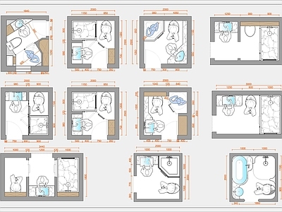 现代卫生间 多种布局 干湿分离 小 主卧 施工图