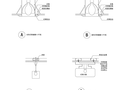 现代吊顶节点 吊顶灯具安装节点 平顶节点 家装节点 石膏板 轻钢龙骨 施工图