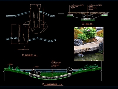 中式公园景观 水生植物园种植池 岩石板桥汀步做法 小溪板桥汀步做法 施工图
