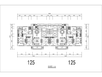 现代住宅楼建筑 125二类高层 T2户型 四面宽 四室两厅两卫 方案平面 施工图