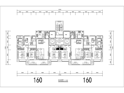 现代住宅楼建筑 160二类高层 T2户型 四面宽 独立电梯厅 方案平面 施工图