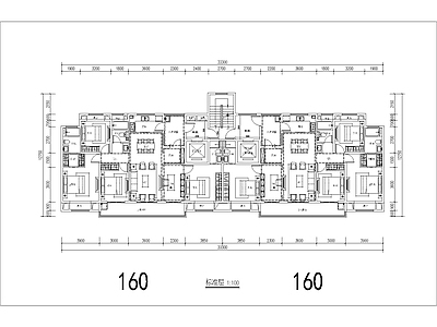 现代住宅楼建筑 160二类高层 T2户型 5面宽 独立电梯厅 方案平面 施工图