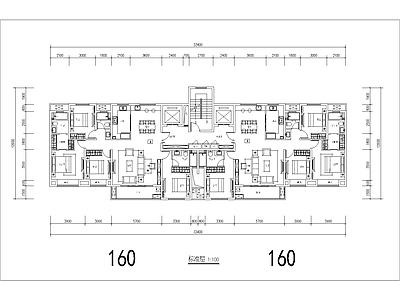 现代住宅楼建筑 160二类高层 五面宽 南北通 T2户型 方案平面 施工图