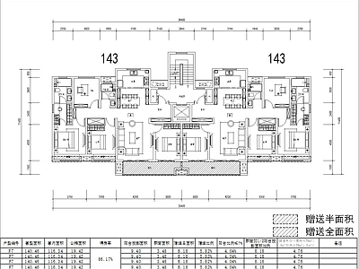 现代住宅楼建筑 143洋房 四面宽 双阳台 方案平面 施工图