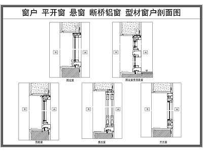 现代窗节点 户剖面图 铝合金型材 悬 平开 断桥铝结构图 施工图