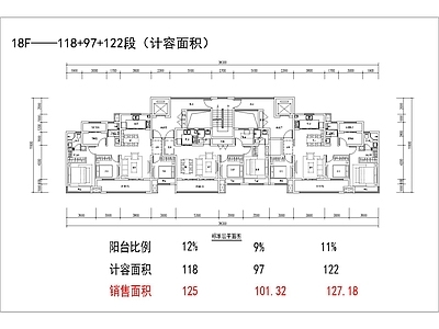 现代住宅楼建筑 120 100平 二类高层 四面宽双阳台 T3户型 方案平面 施工图