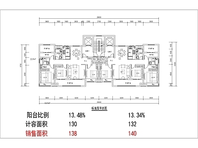 现代住宅楼建筑 130平 二类高层 南北通T2户型 四面宽双阳台 方案平面 施工图