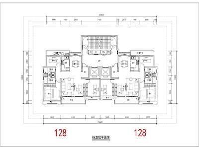 现代住宅楼建筑 128平 一类高层 南北通T2户型 四面宽 方案平面 施工图