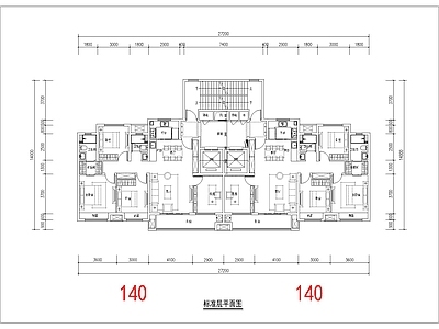 现代住宅楼建筑 140平 一类高层 大面宽T4户型 4面宽 方案平面 施工图