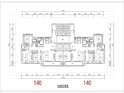 现代住宅楼建筑 140平 一类高层 南北通T2户型 4面宽 方案平面 施工图