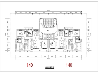 现代住宅楼建筑 140平 一类高层 南北通T2户型 4面宽 方案平面 施工图