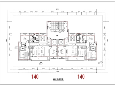 现代住宅楼建筑 140平 一类高层 南北通T2户型 4面宽 方案平面 施工图